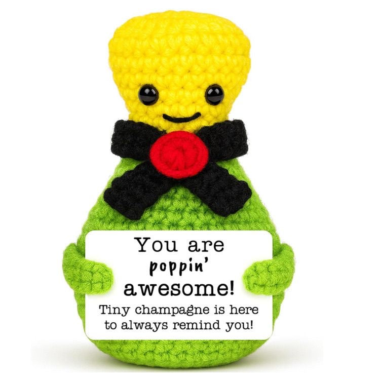 Handmade Crochet Positive Champagne Bottle Doll, Cute Celebration Encouragement Plush, Emotional Support Tiny Bottle, Inspirational Cheer-Up Gift