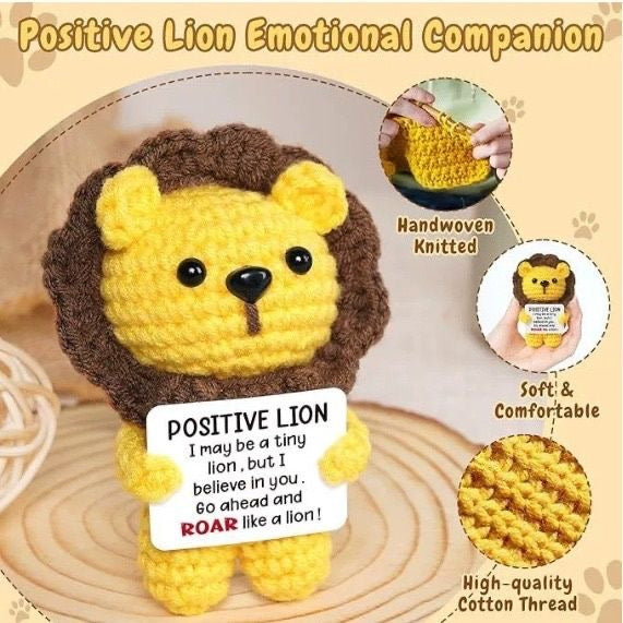 Handmade Crochet Positive Lion Doll, Cute Encouragement Plush, Emotional Support Tiny Lion, Inspirational Gift for Friends