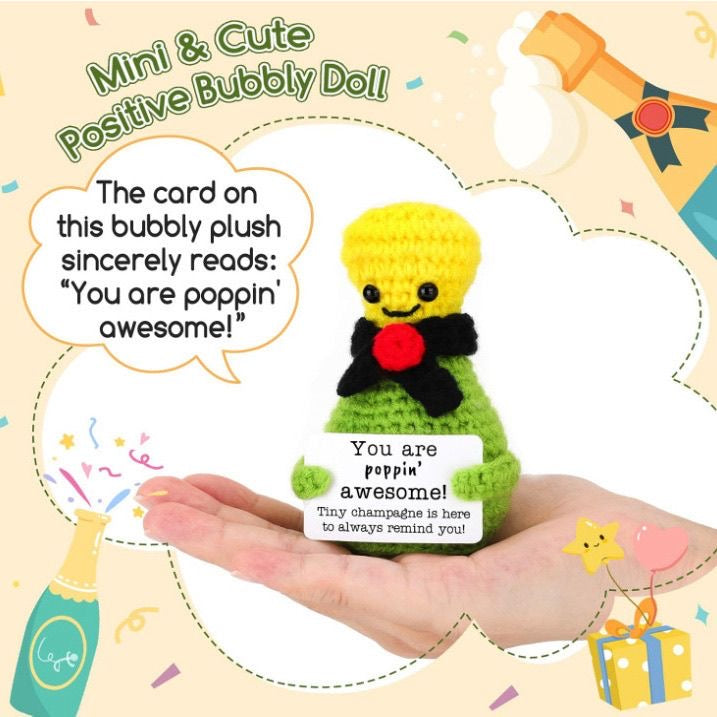 Handmade Crochet Positive Champagne Bottle Doll, Cute Celebration Encouragement Plush, Emotional Support Tiny Bottle, Inspirational Cheer-Up Gift