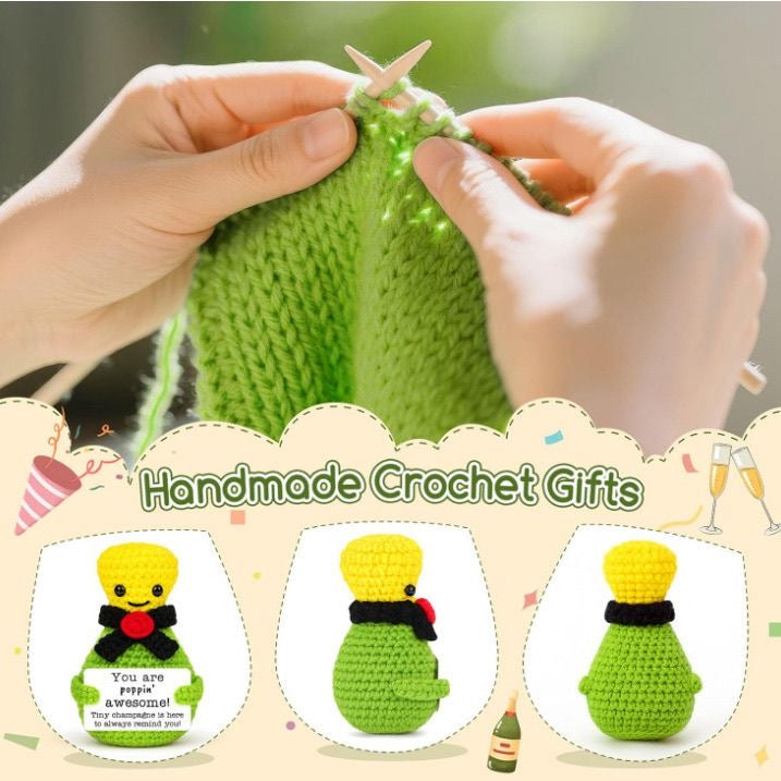Handmade Crochet Positive Champagne Bottle Doll, Cute Celebration Encouragement Plush, Emotional Support Tiny Bottle, Inspirational Cheer-Up Gift