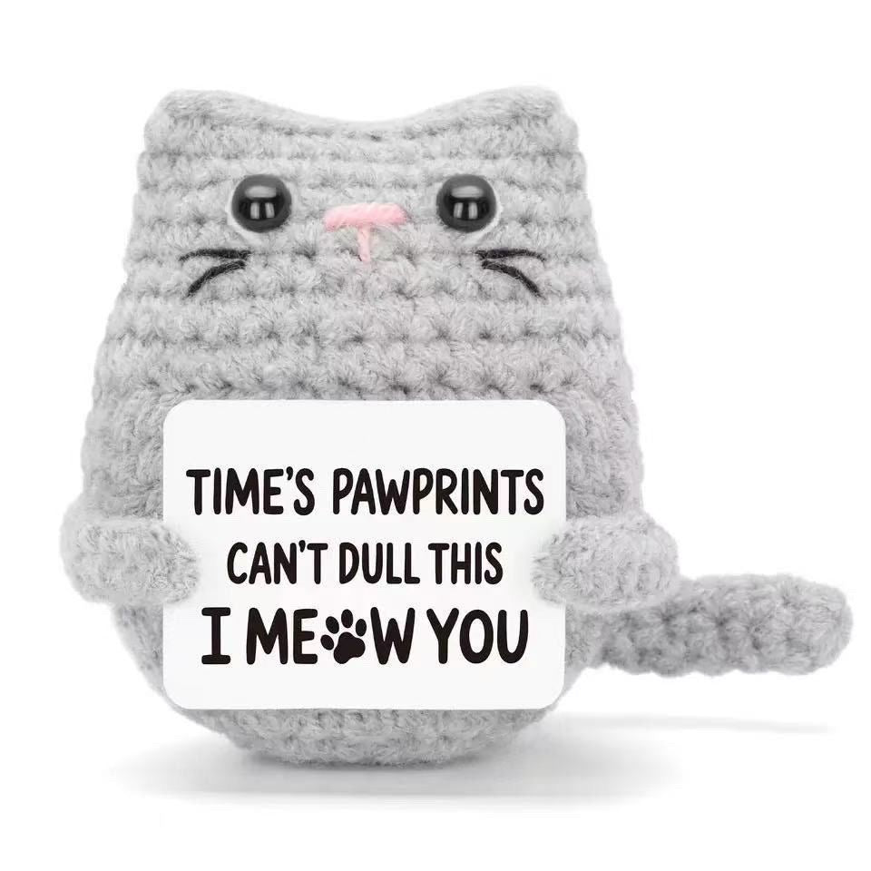 Handmade Crochet Positive Cat Doll, Cute Encouragement Plush, Emotional Support Kitten, Inspirational Cheer-Up Gift