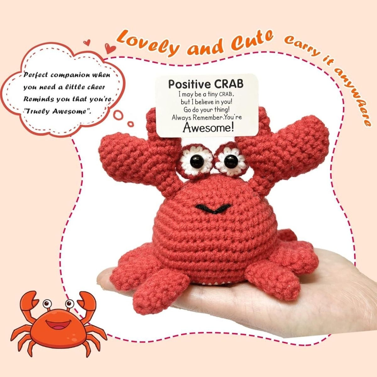 Handmade Crochet Positive Crab Doll, Cute Encouragement Plush, Emotional Support Tiny Crab, Inspirational Cheer-Up Gift