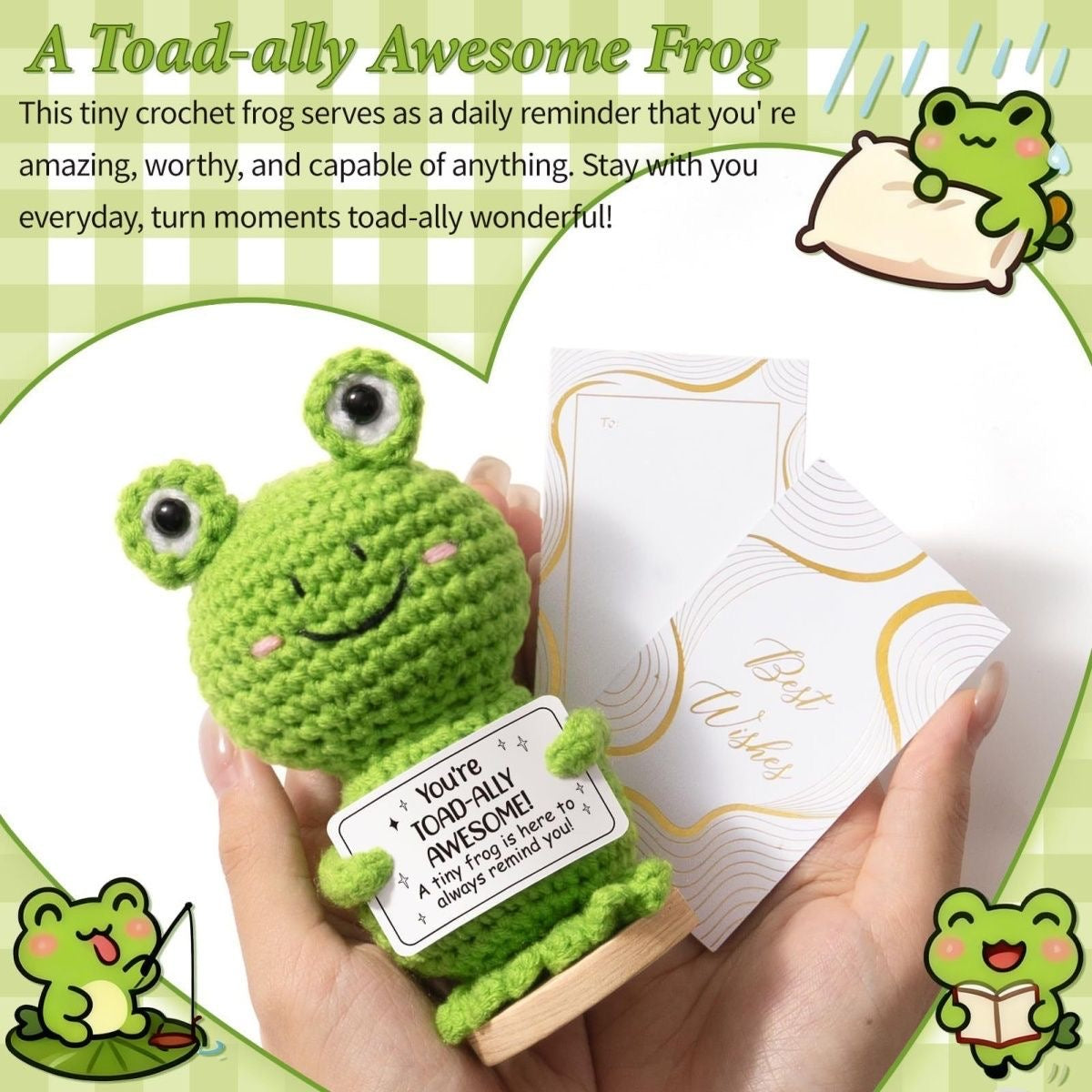 Handmade Crochet Positive Frog Doll, Cute Encouragement Plush, Emotional Support Tiny Frog, Inspirational Cheer-Up Gift