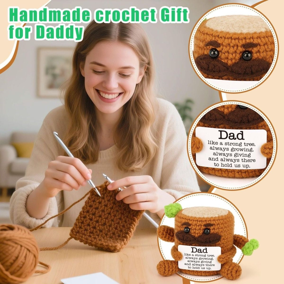 Handmade Crochet Tree Stump Dad Doll, Father’s Day Emotional Support Plush, Cute Dad Appreciation Gift, Inspirational Keepsake Ornament