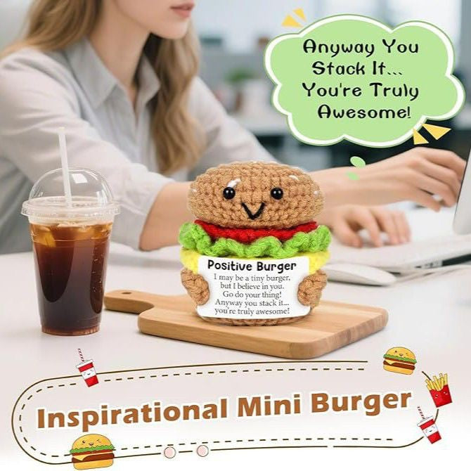 Handmade Crochet Positive Burger Doll, Cute Encouragement Plush, Emotional Support Tiny Burger, Inspirational Gift for Friends