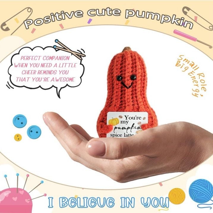 Handmade Crochet Positive Pumpkin Squash Doll, Cute Fall Encouragement Plush, Autumn Emotional Support Toy, Inspirational Cheer-Up Gift