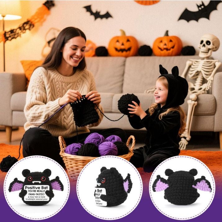 Handmade Crochet Positive Bat Doll, Cute Encouragement Plush, Halloween Emotional Support Toy, Inspirational Cheer-Up Gift