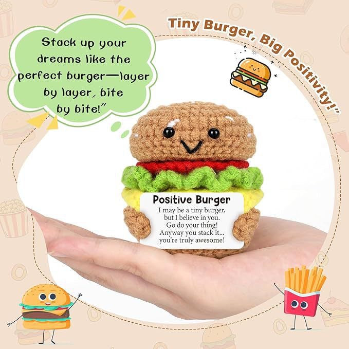 Handmade Crochet Positive Burger Doll, Cute Encouragement Plush, Emotional Support Tiny Burger, Inspirational Gift for Friends