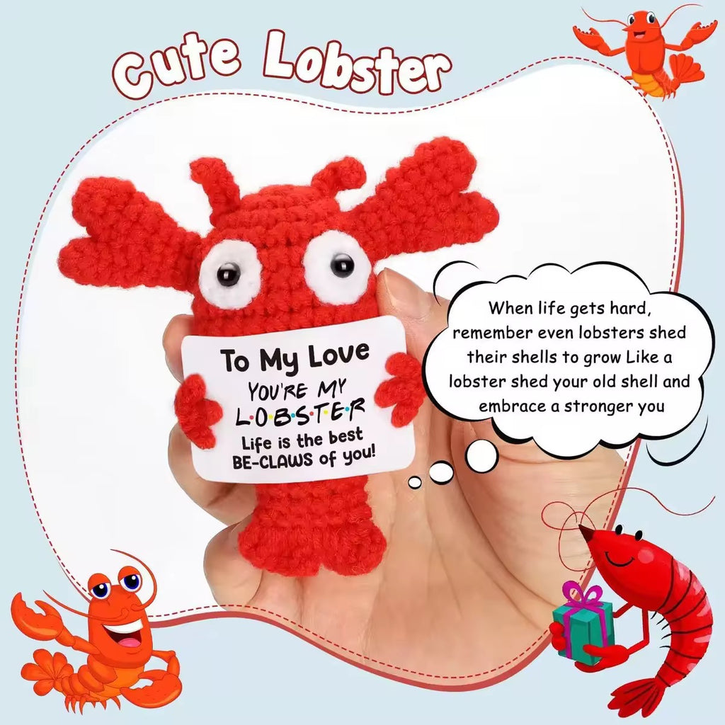 Handmade Crochet Positive Lobster Cotton Wool Motivational Knitted Yarn Doll Cute Emotional Support Gift Desk Decor