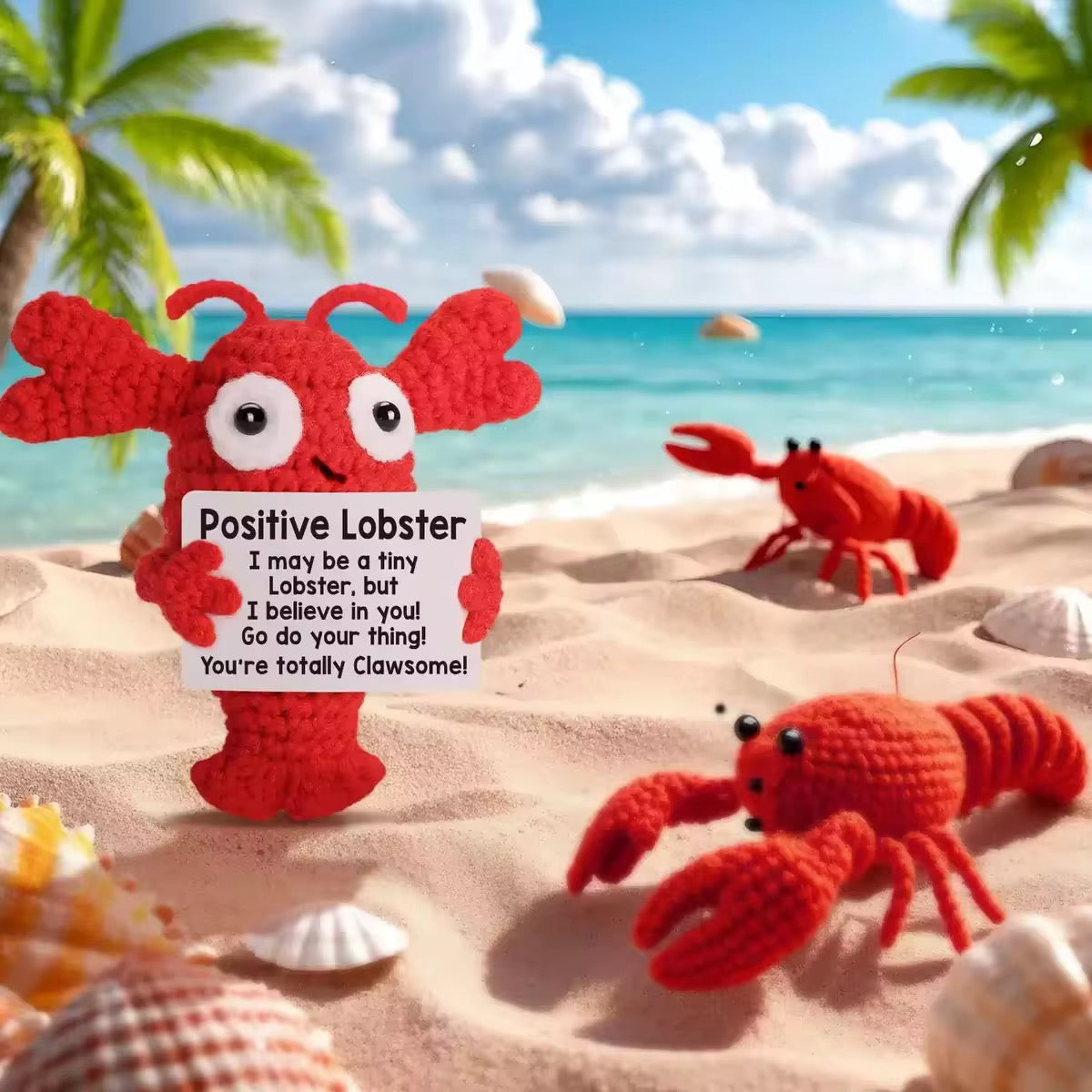 Handmade Crochet Positive Lobster Cotton Wool Motivational Knitted Yarn Doll Cute Emotional Support Gift Desk Decor