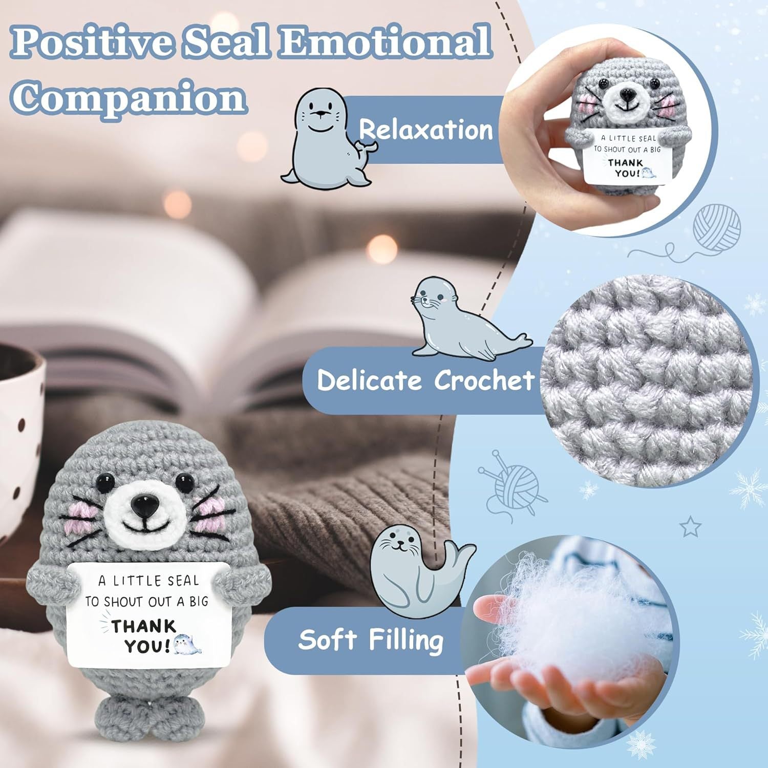 Handmade Crocheted Thank You Mini Gray Seal Positive Energy Doll Creative Sweet Gratitude Gift Ornament Animal Toy