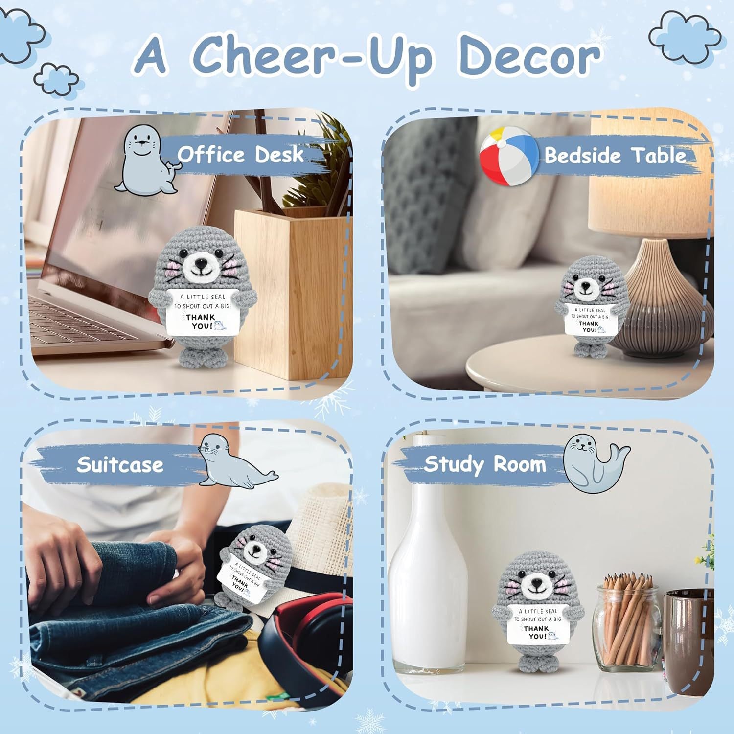 Handmade Crocheted Thank You Mini Gray Seal Positive Energy Doll Creative Sweet Gratitude Gift Ornament Animal Toy
