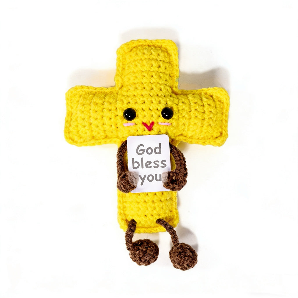 Handmade Crochet Yellow Cross Charm Inspirational Positive Religious Pendant Doll