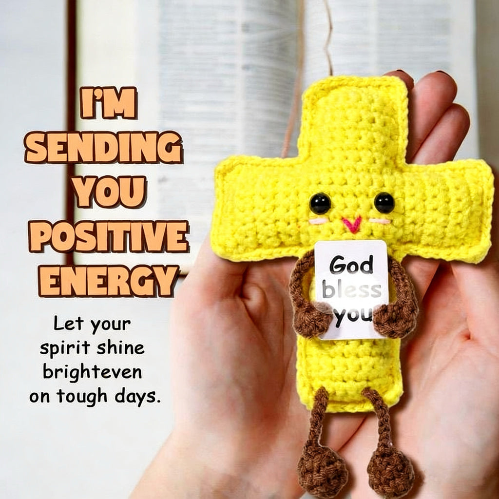 Handmade Crochet Yellow Cross Charm Inspirational Positive Religious Pendant Doll