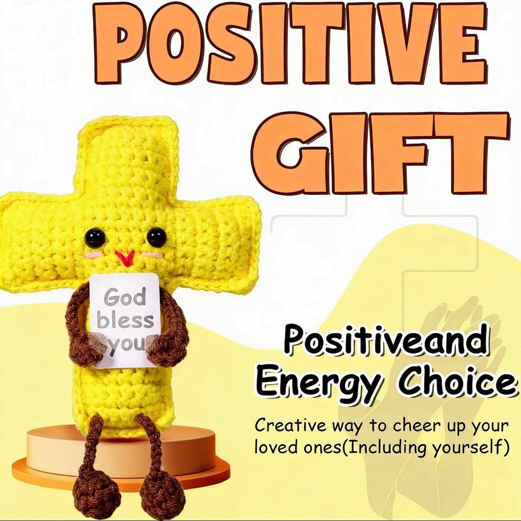 Handmade Crochet Yellow Cross Charm Inspirational Positive Religious Pendant Doll