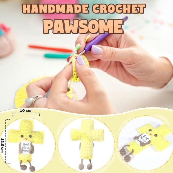 Handmade Crochet Yellow Cross Charm Inspirational Positive Religious Pendant Doll